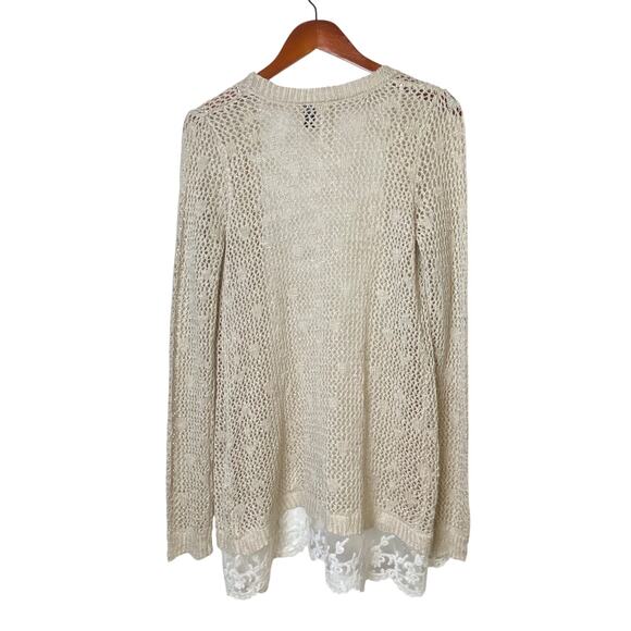 Love by Design Women's Oatmeal Open Weave Cardigan Lace Hem Size Medium - Picture 2 of 6